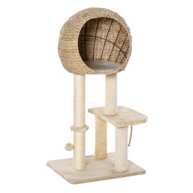 Modern Cat Tree with Sisal Scratching Post Condo and Hanging Rope 39"H, Beige