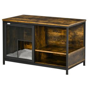 Cat Kennel End Table with Cushion Sliding Doors Wood Steel Pet Crate Rustic Brown