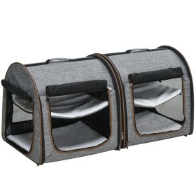39" Portable Twin Compartment Show House Cat Cage/Condo, Soft-Sided Pet kennel, Dual Compartment, Soft Cushions & Storage Bag, Gray