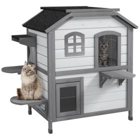 Outdoor 2-Story Cat House Feral Shelter Kitten Condo with Escape Door Asphalt Roof 4 Platforms White