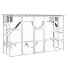 Wooden Catio Cat Window Box Enclosure, Outdoor Cat House with Roof & Play Shelves, 118" x 37.5" x 74", White