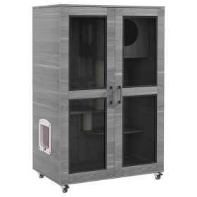 Cat House with Cat Tree, Kitty Cage with Scratching Posts Condo Cat Enclosure Lockable Wheels, Gray