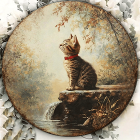 CIFbuy Vintage Tabby Cat Wall Art, "" Tabby Cat Wall Art, Wall Art, Round Kitten Plaque with Waterfall StreamTikTok, Temu Self-pickup Logireics