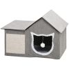 Large Cat Bed for Indoor, Cat House Hideaway with Soft Cushion, Scratching Pad, Dangling Ball, Dual Entrances, Grey