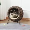 20.5 Woven Wicker Cat Bed Elevated Hand-Woven Braided Banana Leaf Kitten House Condo with Cushion Brown