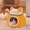 Cartoon Orange Cat Closed Cat Nest, Autumn and Winter with Velvet Warm Nest Mat, Semi Closed Pet House for Small Cats