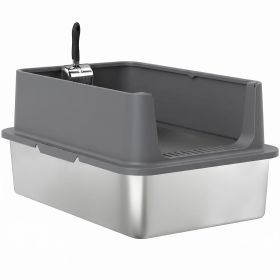 Extra Large Stainless Steel Cat Litter Box with Scoop & Pad, Anti-Urine Leakage, Easy Cleaning, Non-Sticky (Color: Dark gray)