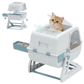 Cat Litter Box with Lid, Enclosed Cat Litter Box with Deodorization Bag & Drawer Pan, High Sides & Flip-to-Clean (Color: light blue)
