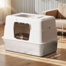 Fully enclosed stainless steel cat litter box, splash proof, antibacterial and non stick to the bottom, with front door and top sand outlet (Color: White)