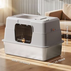 Fully enclosed stainless steel cat litter box, splash proof, antibacterial and non stick to the bottom, with front door and top sand outlet (Color: Gray)