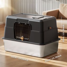 Fully enclosed stainless steel cat litter box, splash proof, antibacterial and non stick to the bottom, with front door and top sand outlet (Color: Black)