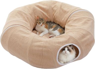 Cat Donut Tunnel with Bed for Indoor Cats, Cat Play Tunnel with Washable Soft Plush Mat, Round Tube Toys Cute Tube for Kittens, Puppies (Color: New Beige)