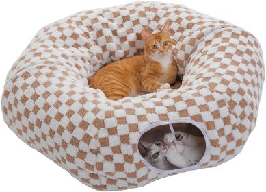Cat Donut Tunnel with Bed for Indoor Cats, Cat Play Tunnel with Washable Soft Plush Mat, Round Tube Toys Cute Tube for Kittens, Puppies (Color: Brown)