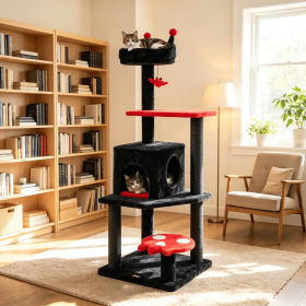 57" Spooky Cat Tower for Cats with Padded Perch And Spider Shaped Hanging Toy  Interactive Cat Tree for Kittens (Color: Red & Black)