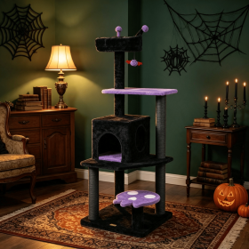57" Spooky Cat Tower for Cats with Padded Perch And Spider Shaped Hanging Toy  Interactive Cat Tree for Kittens (Color: Purple & Black)