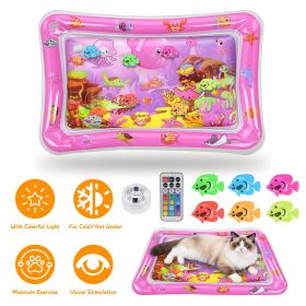 Cat Water Mat Interactive Sensory Play Mat with Floating Fish Toys LED Color Changing Light Thickened PVC for Indoor Cats Kittens Pet Enrichment (Color: Pink)