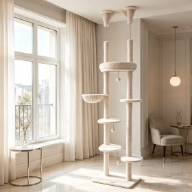 6-Tier Floor to Ceiling Cat Tree with Plush Bed Sisal Scratching Posts for Multi-Cat Households Furniture-Style Design (Color: Beige)