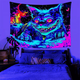 UV Activated Neon Colors Black Light Reactive Fierce Giant Cat Tapestry - Polyester Wall Hanging for Bedroom, Living Room (size: 59*51in)
